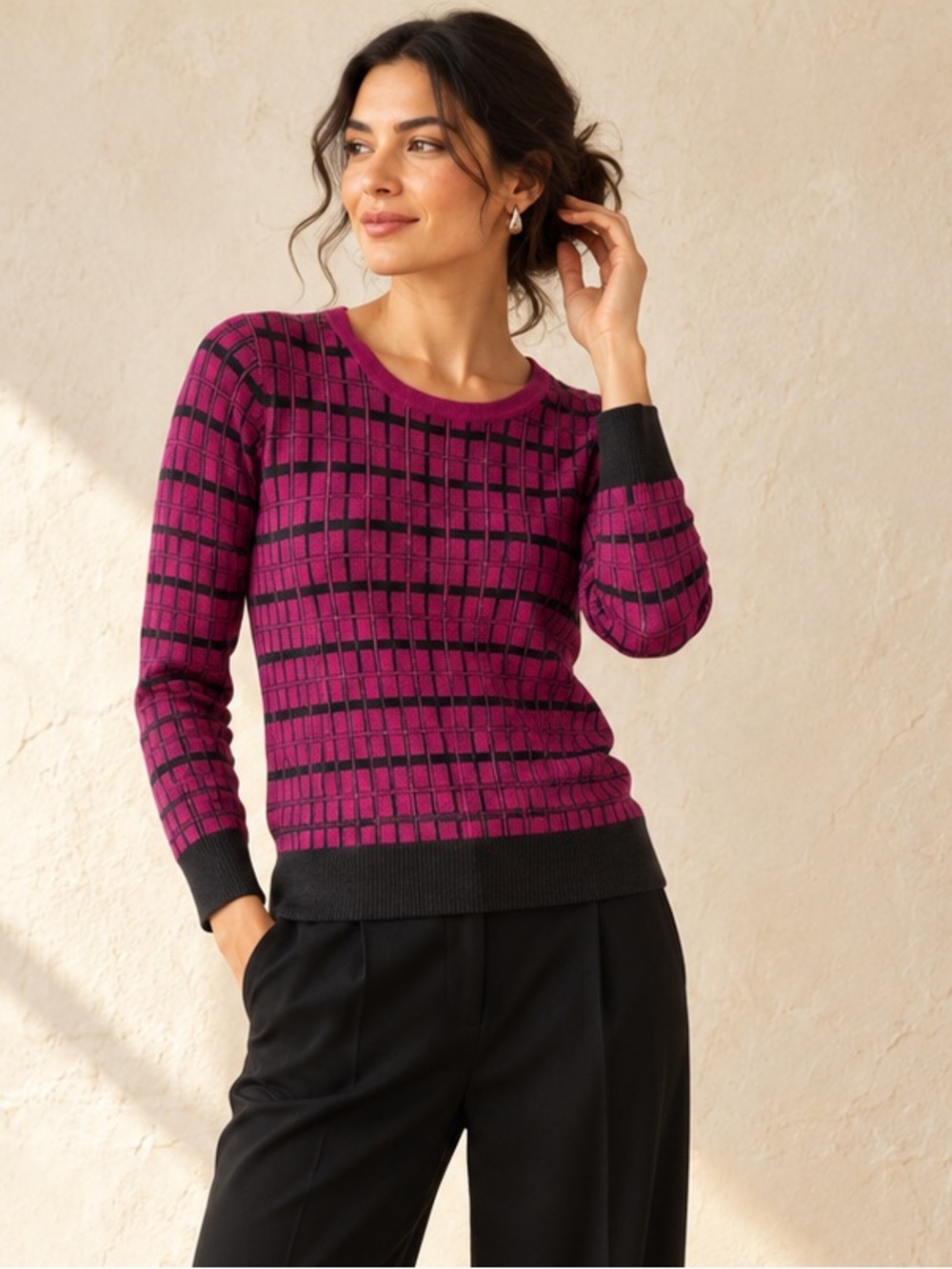 Clements Ribeiro Portobello Merino Wool Check Sweater Magenta Charcoal Sz S
